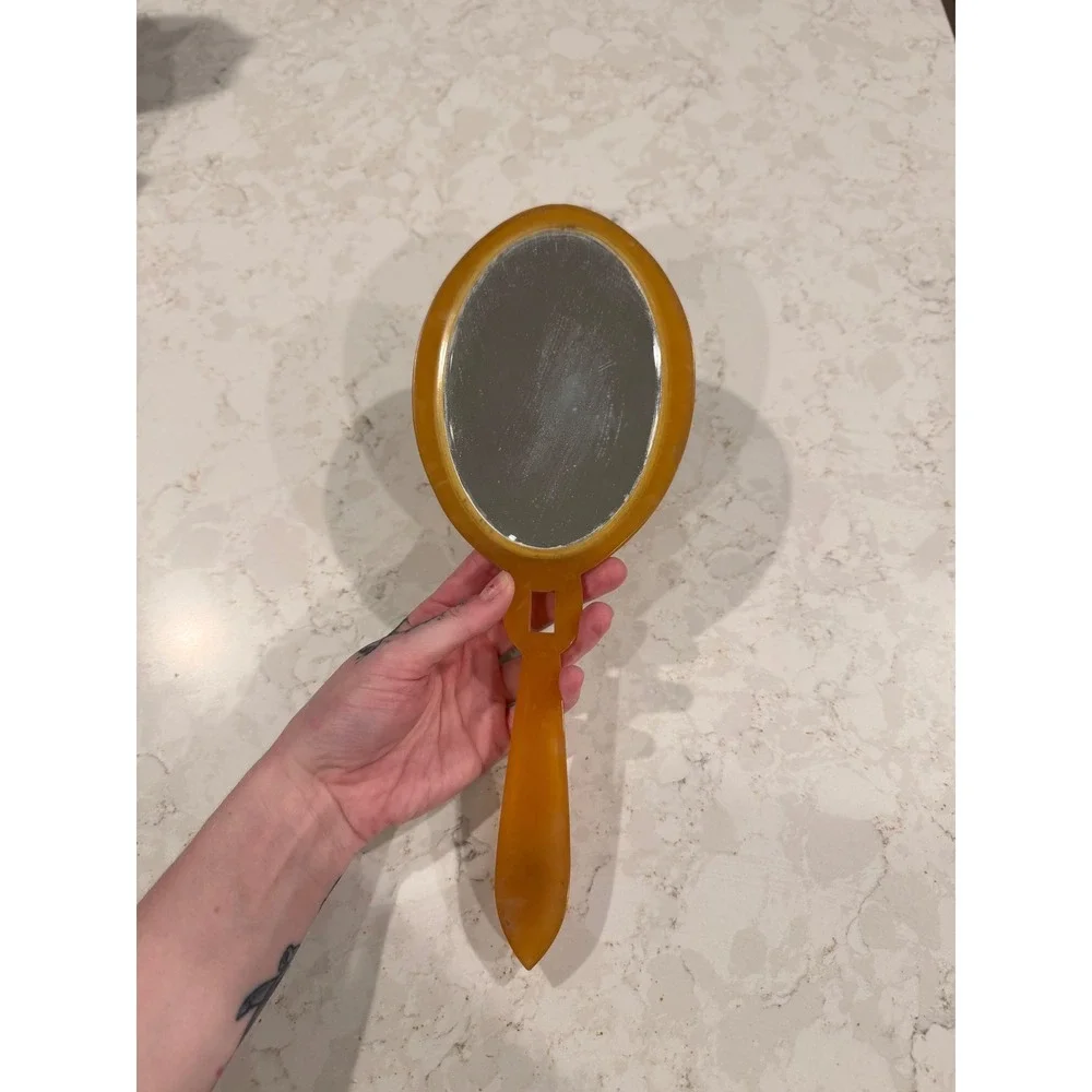 Vintage Art Deco MCM Butterscotch Celluloid Hand Mirror Etched Amber‎ Vanity